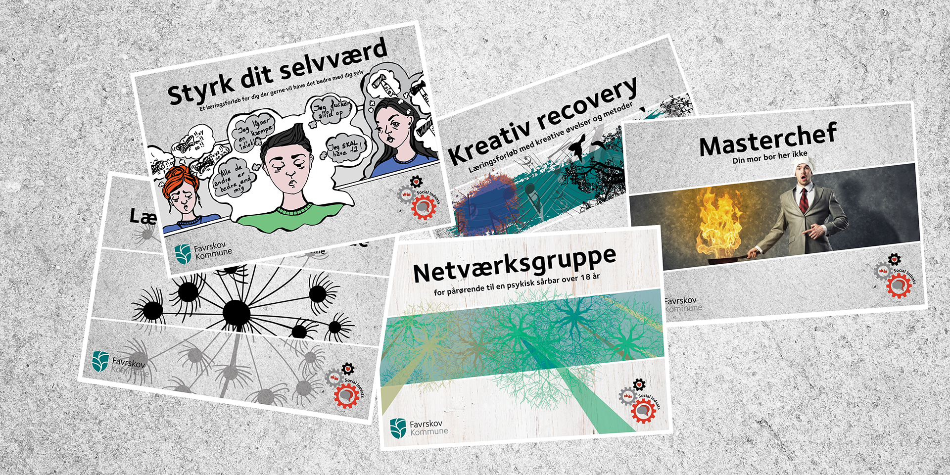 Collage af postkort med tilbud fra Social Indsats